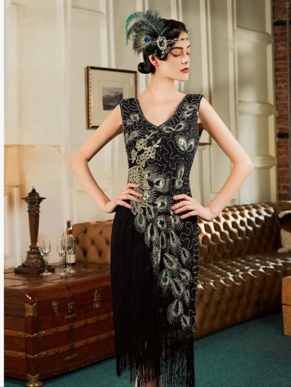 SweetV Green Gold Vintage‎ 20's Style Peacock Flapper Dress Sequined Fringe Sz S